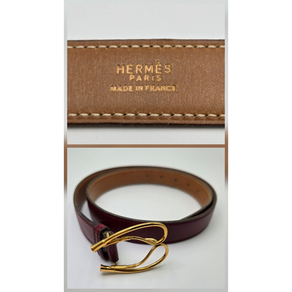 Hermes Paris Burgundy Leather Belt Gold Tone Abstract Buckle Made in France 75